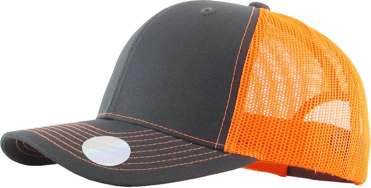 Dark Gray Neon Orange Two Tone Classic 6 Panel Trucker Mesh Snapback Side View